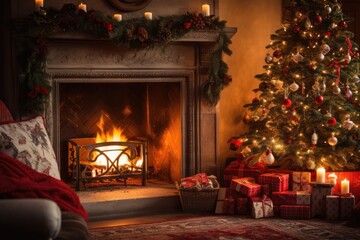 Classic Christmas Storybook Scene - A cozy, old-fashioned Christmas living room with a roaring fire, stockings and a tree - AI Generated