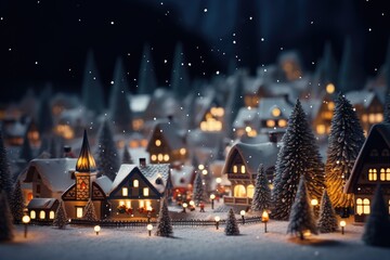 Snowy Christmas Village Night - A charming, snow-covered village at night, with twinkling lights and a festive atmosphere - AI Generated