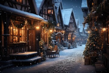 Fototapeta premium Snowy Christmas Village Night - A charming, snow-covered village at night, with twinkling lights and a festive atmosphere - AI Generated
