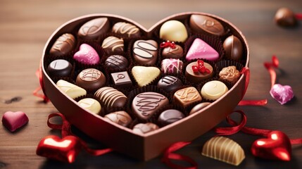 An heart-shaped box filled with assorted chocolates, representing love and sweetness.