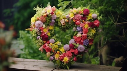 Beautiful heart-shaped wreath adorned with vibrant flowers and greenery.
