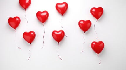 Bright red heart-shaped balloons floating on white background, representing love and celebration - Powered by Adobe