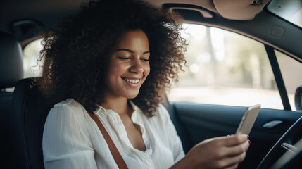 Woman smiling joyfully while looking at his phone in his car.