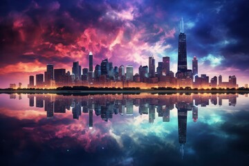 American city skyline reflected in sky after a storm at night time