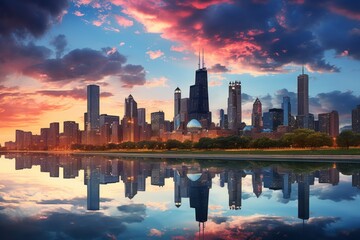 Obraz premium American city skyline reflected in water and colorful sky clouds
