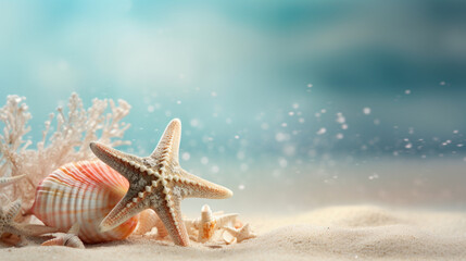 Fototapeta na wymiar starfish and shells on sand beach tropical background
