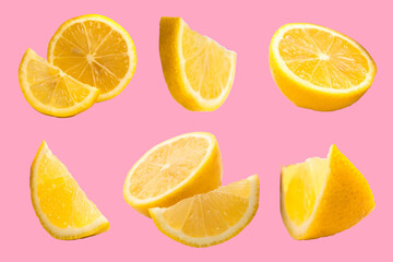 Set of fresh whole and cut Lemon and slices isolated on pink background. From top view.