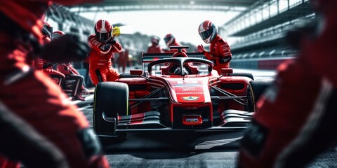 Professional pit crew ready for action as their team's race car arrives in the pit lane during a pitstop of a car race, concept of ultimate teamwork, Generative AI  - obrazy, fototapety, plakaty