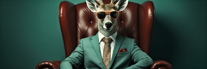 cool deer in sunglasses sitting in a chair - obrazy, fototapety, plakaty