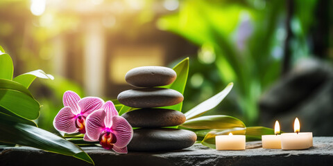 Spa Concept - Massage Stones With Candles In Natural Background.