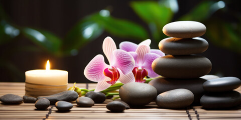 Fototapeta na wymiar Spa Concept - Massage Stones With Candles In Natural Background.