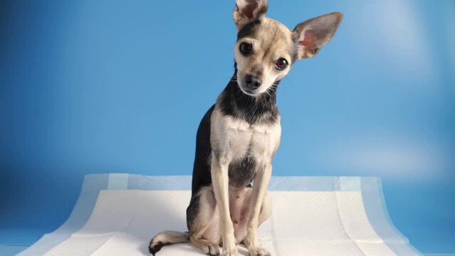 animal diaper, dog absorbent pad banner, pet toilet, small dog with urine diaper napkin on blue background
