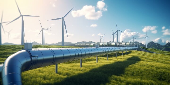 A hydrogen pipeline with wind turbines and in the background. Green hydrogen production concept, Generative AI 