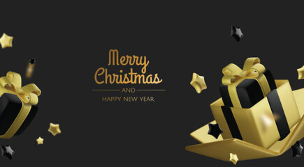 Happy New Year and Merry Christmas. Christmas holiday background with realistic 3d objects,gold and red bauble balls, conical metal stars. Levitation falling design composition.