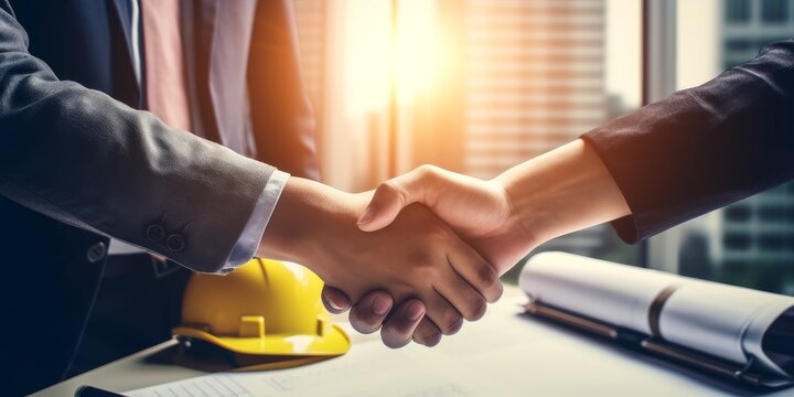 Architect and engineer construction workers shaking hands while working for teamwork and cooperation concept after finish an agreement in the office construction site, collaboration, Generative AI