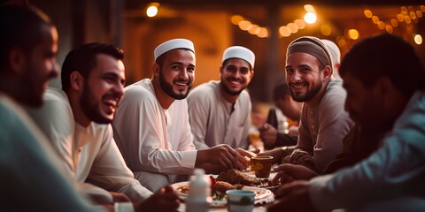 moment of unity and brotherhood as people gather for iftar in a communal setting. Generative AI