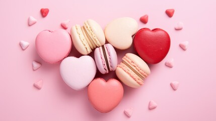Obraz premium Heart shape macarons on a pastel pink background flat lay for Valentine's day.