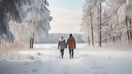Fototapeta na wymiar Couple enjoying a romantic stroll through a snowy winter wonderland.
