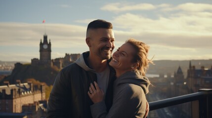 Couple in their 30s smiling and posing in front of the magnificent Edinburgh Castle, an iconic landmark in Edinburgh, Scotland.