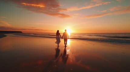 Fototapeta premium couple walking hand in hand along a serene beach with soft rolling waves and golden sunset in the background.