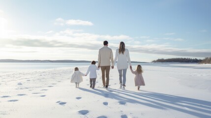 happy family strolling with smiles on a scenic winter beach.