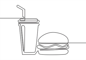 Fast Food Hamburger Soft Drink.Single one-line drawing 