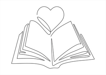 Open book and heart, continuous line vector illustration. one line vector drawing of a book and a heart, concept of love of reading. Black and white hand drawn image.