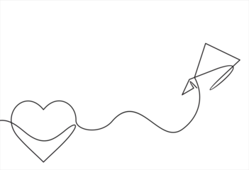 Fotobehang Heart one line.Heart line art.Flying paper airplane with heart .Heart air route .Valentines Day.Love travel route.Airplane line path continuous line  © nikvector