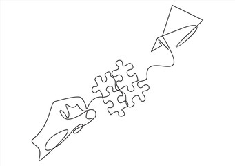 continuous one single line drawing of hand holding  puzzle of plane. inside. Puzzle game symbol and iconic business metaphor for problem solving, solution and strategy.