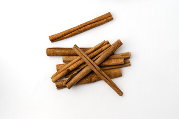 stack of cinnamon stick with a detail texture isolated on a white background, top view