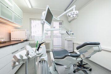 Comfortable Dental Chair Unit with Luxury Dental Chair in Dentist doctor clinic modern medical ward. Health care, medicare industry, heathcare technology concept image