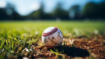 Closeup of bassball on matchfield basball sport. Baseball, pitch and sports ball on grass on an outdoor field for a game, training or practice. Softball, sport and closeup of equipment for match.Ai