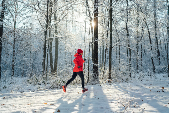 Trail runner woman dressed bright red windproof jacket jogging picturesque snowy forest path during sunny frosty day. Sporty active people and winter training concept image.
