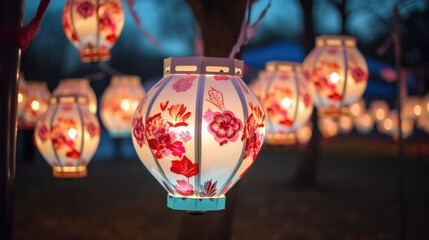 illuminated lanterns shaped like hearts and flowers at a love-themed lantern festival.