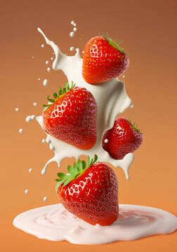 Um splash de leite com morangos caindo com fundo na cor laranja.