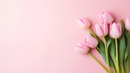 Bouquet of pink and white tulips on a pink background. Flat lay, copy space