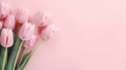 Bouquet of pink and white tulips on a pink background. Flat lay, copy space