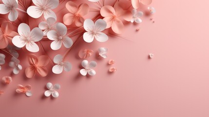 Obraz premium Romantic coral pink background with 3D hearts and blooms: perfect for love-themed web pages, wedding invitations, and Valentine's Day celebrations