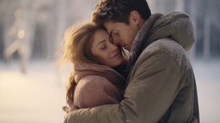 Two people embracing and kissing each other in a snowy winter landscape.