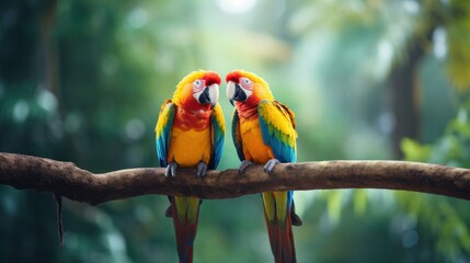 Two colorful parrots sitting on a branch with vibrant feathers. - obrazy, fototapety, plakaty