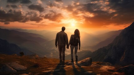 Fototapeta premium Two people sitting in chairs, enjoying a breathtaking sunset over majestic mountains.