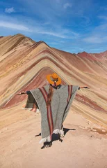 Papier Peint photo autocollant Vinicunca Young girl enjoying the magnificient view in front of the Vinicunca Rainbow Mountain, Peru South America