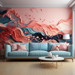 Colourfull Interior Design. Decorative Illustrations , wall art , wall decorative , vector. Colorful Interior Designing wall background, with sofa furniture.Ai