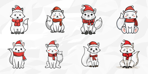 Lineart Vektorgrafik-Bundle von Weihnachtlichen Schneefüchsen mit rotem Schal