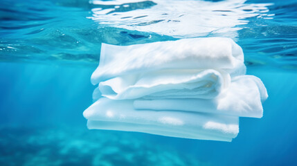 White towels in the clean blue water. Underwater view. Spa concept. Generative AI