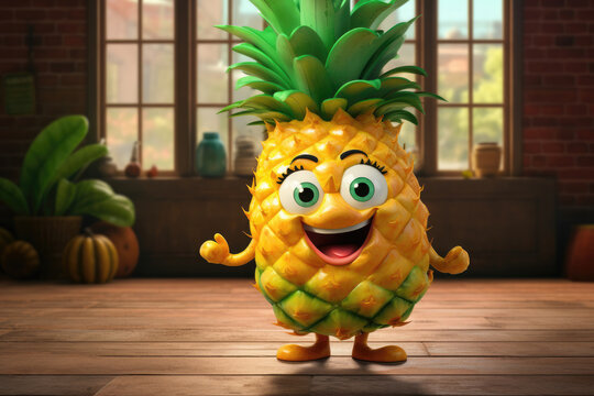 Cheerful pineapple character in a rustic kitchen setting, offering a welcoming gesture. Ideal for fun, homely, and vibrant food-themed content or promotional materials.