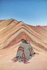 Photo sur Plexiglas Vinicunca Young girl enjoying in front of the Vinicunca Rainbow Mountain, Peru South America