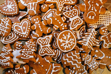 Homemade gingerbread cookies close-up, top view
