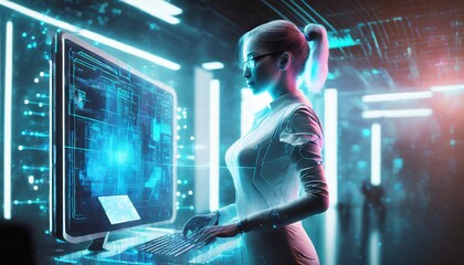 Obraz na płótnie Canvas Sci-Fi holographic workspace with futuristic lady 
