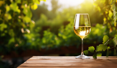 Elegant glass of white wine on blurres background with wine grapes in winery. Young wine....
